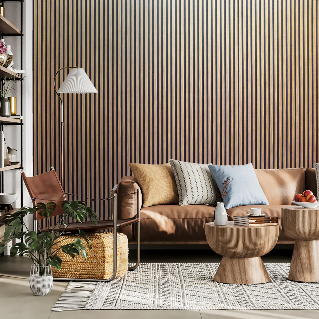 Acoustic slat wall panel behind a sofa