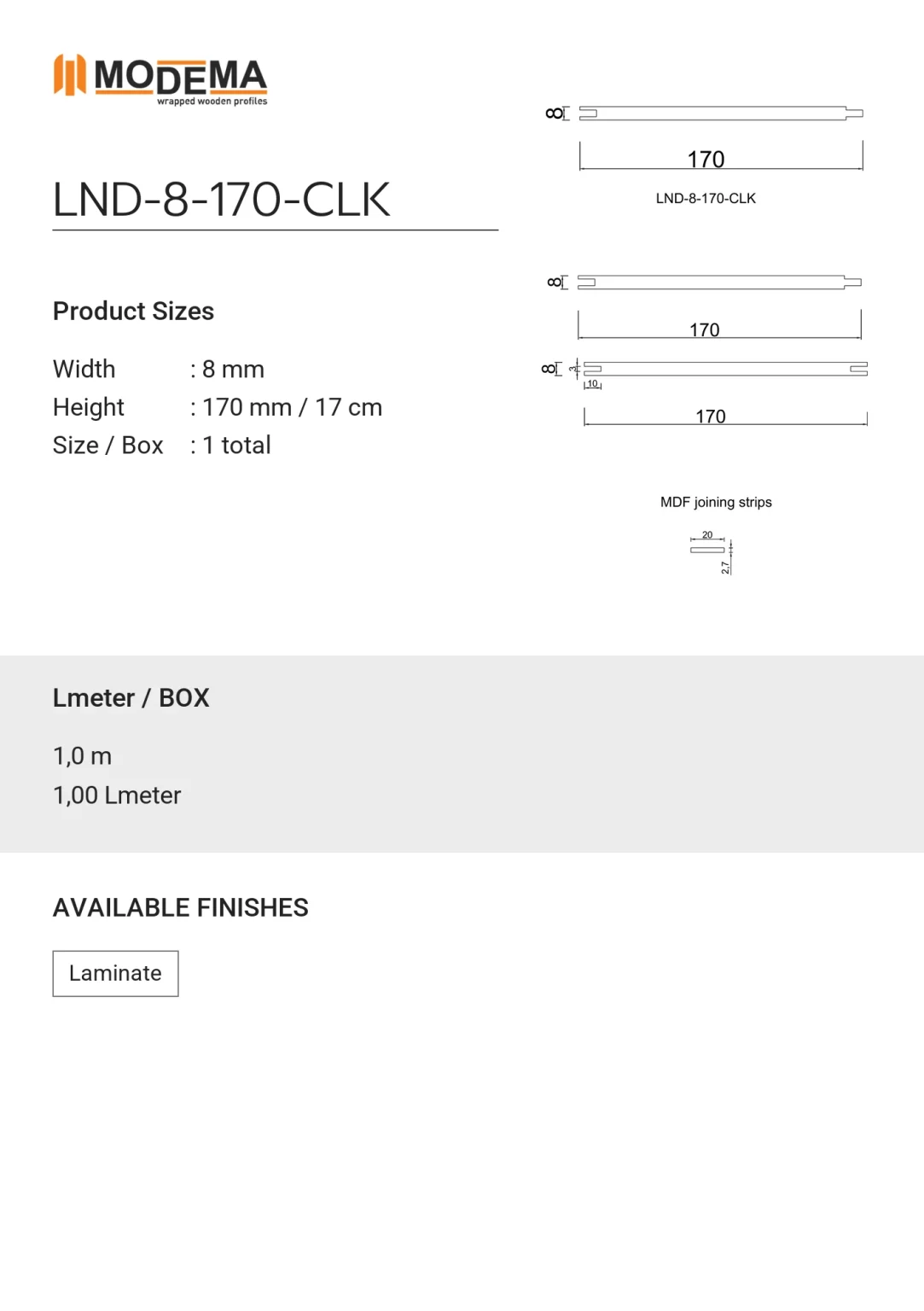 Narrow Landing Board LND-8-170-CLK, technical drawing sheet