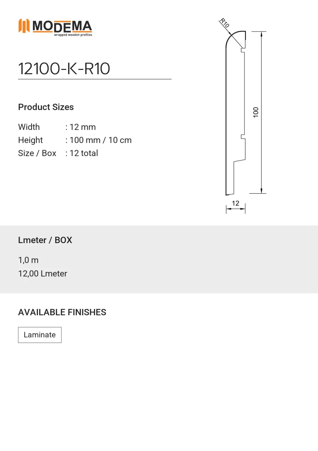 Skirting Board 12100-K-R10, technical drawing sheet